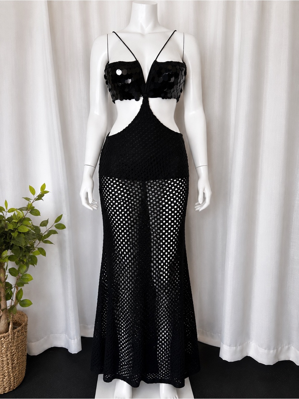 Black Cutout Sequin Crochet Maxi Dress